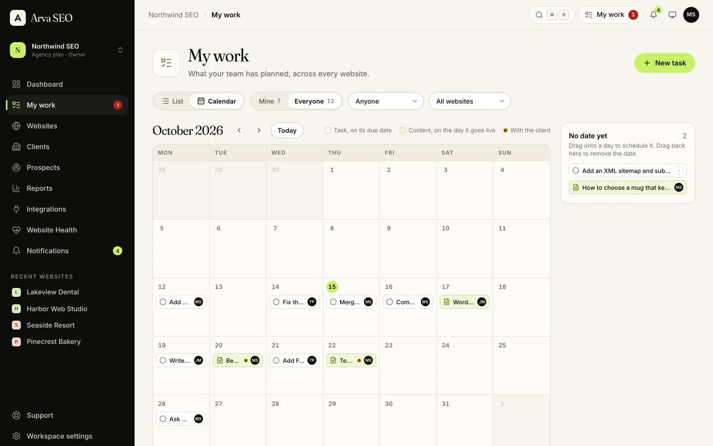My work as a calendar: tasks on their due dates and content on the day it goes live, with who has each one