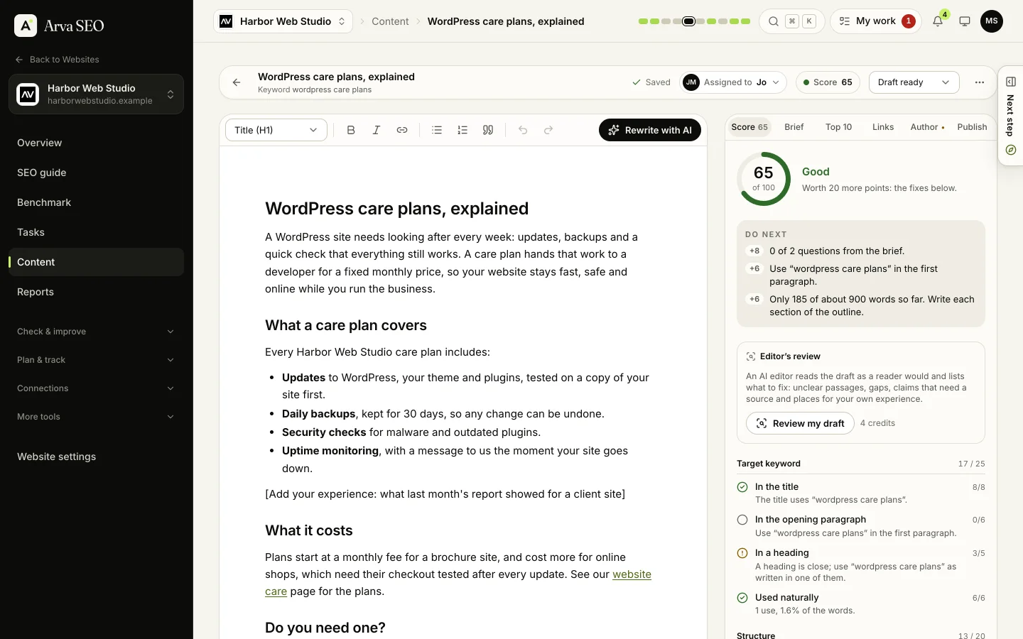 Content Studio: a draft of WordPress care plans, explained, in the editor, with its content score of 65, the next fixes and the target keyword checks beside it