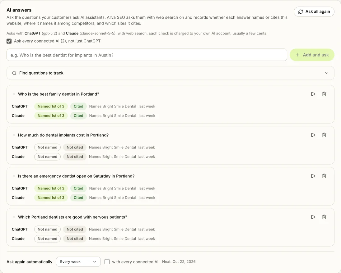 AI answers in Arva SEO: four questions an example dental practice&rsquo;s customers ask, and whether ChatGPT and Claude named or cited the practice in last week&rsquo;s answers