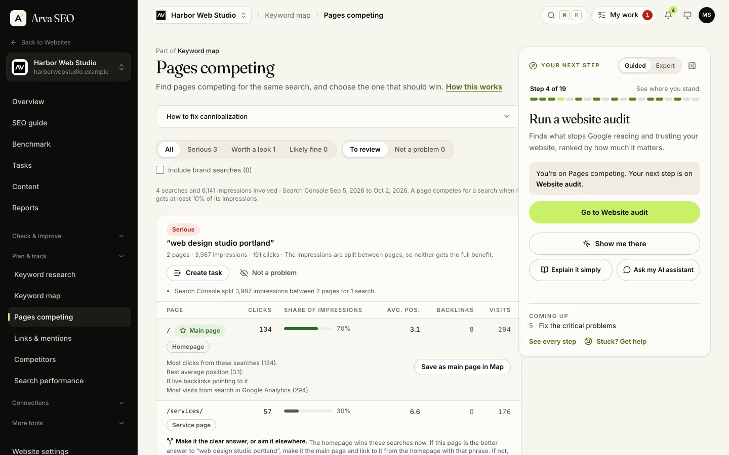 Pages competing in Arva SEO: two pages of an example website splitting the impressions for one search, with the main page chosen and the reasons shown