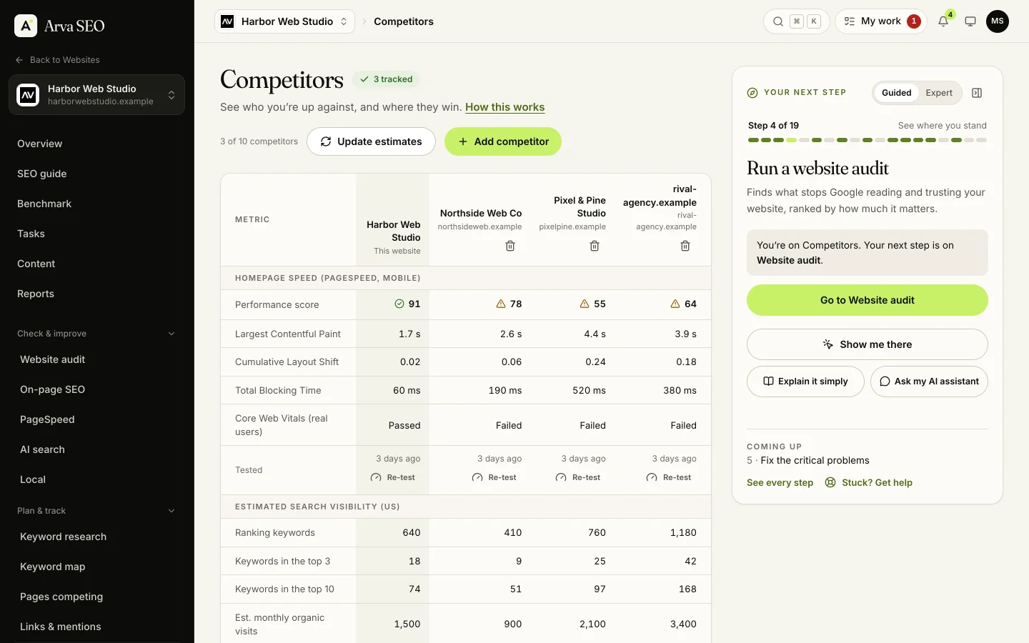 Competitors in Arva SEO: an example web design studio next to three competitors, with homepage PageSpeed and estimated keywords, traffic, backlinks and authority for each