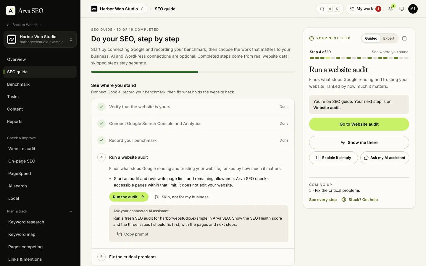 The SEO guide in Arva SEO: 10 of 19 steps done for an example website, the next step to run a website audit, and a ready prompt for an AI assistant