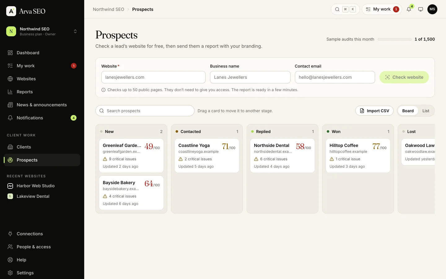 Prospects in Arva SEO: example leads on a board from New to Won, each with its sample audit score and critical issues